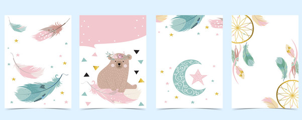 Pink green gold geometry baby shower invitation with bear,feather. Vector birthday invitation for kid and baby.Editable element