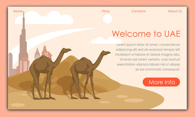 Camels Walking in Sand. Welcome to UAE. Vector Illustration. Tourism Development. Traveling Around World. Postcard Representing Country. Landmarks Country. Travel Agency Offers. Screen Monitor.