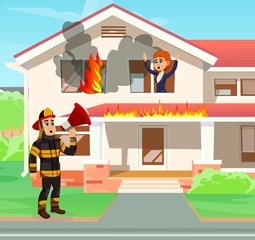 Naklejka premium Fully Equipped Professional Firefighter, Talking Through Megaphone to Woman, Calling for Rescue from Bedroom Window. Suburban Two Storey House on Fire. Fearless Rescuer. Cute Cartoon Characters.