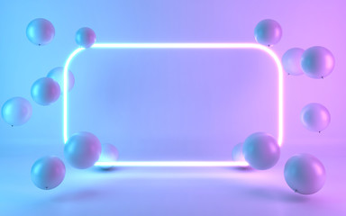 Neon frame sign with balloon. 3d rendering