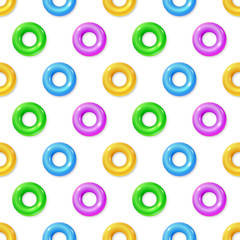 Seamless pattern with flat colored lifebuoys isolated on white background. Ornament with inflatable circles for seashore or pool. Template for fabric, wrapper, banners. Vector 3d illustration