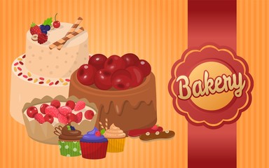 Different Pastry Cakes, Pies and Muffins with Chocolate, Cream, Fruits and Berries. Bakery Label on Tape. Advertising Cartoon Poster, Wrapping or Cardboard Package. Vector Flat Illustration