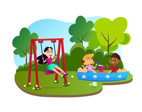 Summer Sport Camp for Children Cartoon Flat Vector Illustration. Kids Playing on Playground Outside. Entertainment. Girls Riding on Swing, Friends Playing Together in Sand Pit with Bucket and Shovel.