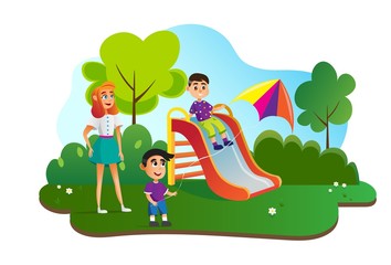 Babysitter with Children Flat Cartoon Vector Illustration. Young Girl Watching Little Boys on Outdoor Playground. Summer Camp Activities. Boy Having Fun with Flying Kite. Kids Having Fun on Slide.
