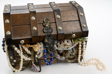Treasure chest overflowing with riches of pearls and jewels