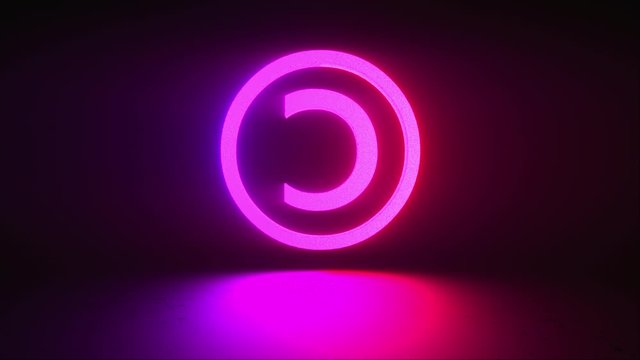 Rotating neon copyright sign on a dark background, computer generated. 3d rendering of copyright protection