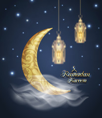 Fototapeta na wymiar Crescent Islamic with Lanterns for Ramadan Kareem. Golden Half Moon, Lamps