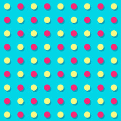 Seamless pattern with circles. Endless blue background with yellow and pink dots. Style vintage, 60s, retro, pop art, comics. 