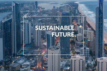 Sustainable future banner, poster design with modern cityscape