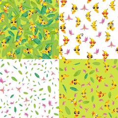 Set of cute seamless pattern with cartoon emoji fruits