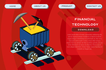 Financial technology site template. Application and software development header poster design. Vector illustration of a mining cart on rails as a symbol of block chain technology