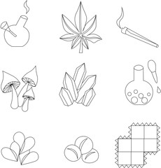 Set of icons for drugs. Marijuana, LSD brands, smoking products.