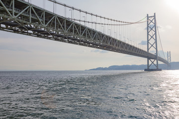 Twin hanging suspension bridge cross ocean, Akashi Kaikyo Bridge Kobe Japan