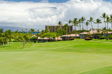 Obraz premium Beautiful golf place with gorgeous green and fantastic white clouds over blue sky