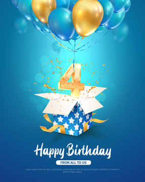 Celebrating of 4th years birthday vector 3d illustration. 4 years anniversary celebration. Open gift box with number four flying on balloons on blue background
