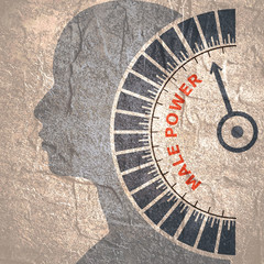 Scale with arrow. The male power level measuring device icon. Sign tachometer, speedometer, indicators. Infographic gauge element. Head of man silhouette.