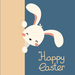 Cute, kawaii vector flat white easter bunny, rabbit peek out. look out. Happy easter lettering