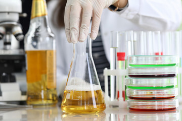 Oil sample, chemical experience in laboratory. Test tubes and trial amount oil are on table. Experiment research oil quality in laboratory. Chemical composition technology test material.