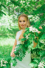 Portrait of a charming blond woman wearing beautiful white dress standing next to rowan tree with white flowers.