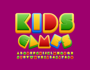 Vector colorful banner Kids Games with creative Font. Bright Alphabet Letters and Numbers