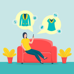 woman mobile shopping sitting on sofa couch with fashicon ecommerce icon with flat style