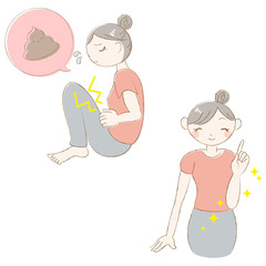 女性　腹痛　便秘　悩み　改善　笑顔　セット