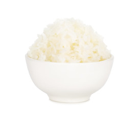 Rice, cooked Jasmine rice in a white bowl isolated on white background.