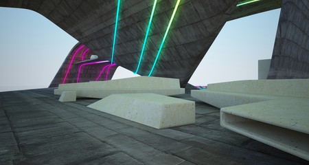 Abstract architectural concrete interior of a modern villa on the sea with colored neon lighting. 3D illustration and rendering.
