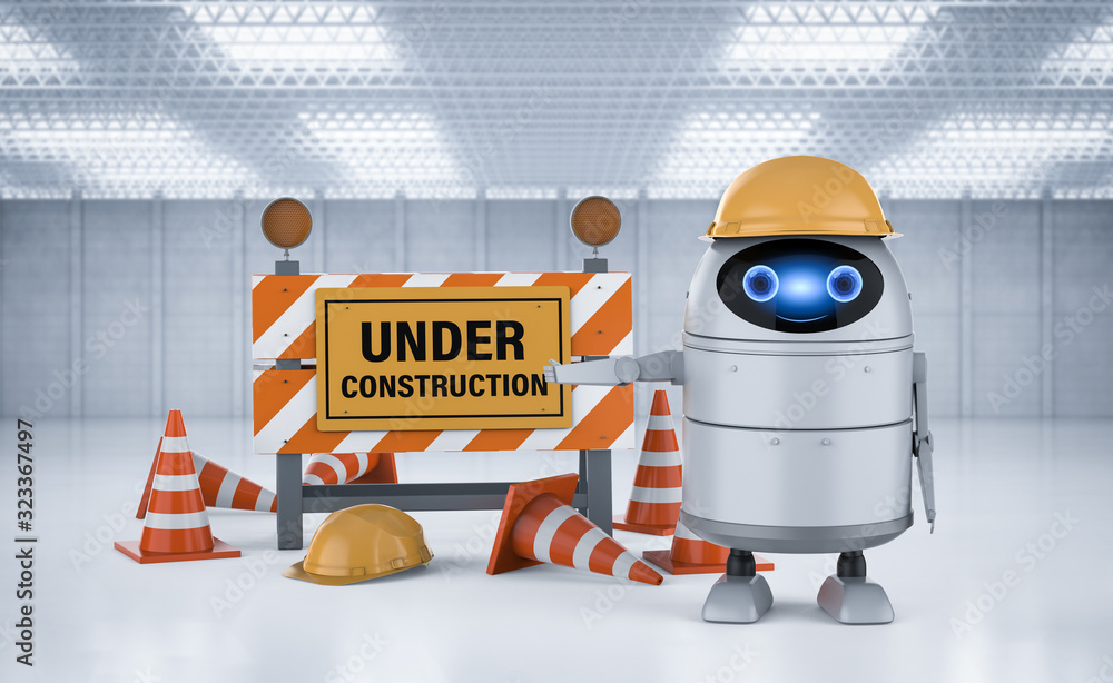 Wall mural android robot with under construction sign