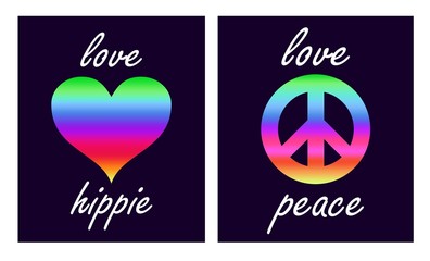 Shirt prints variation with colorful heart shape and hippie peace symbol on black background. Fashion design for t-shirt, bag, poster, scrapbook