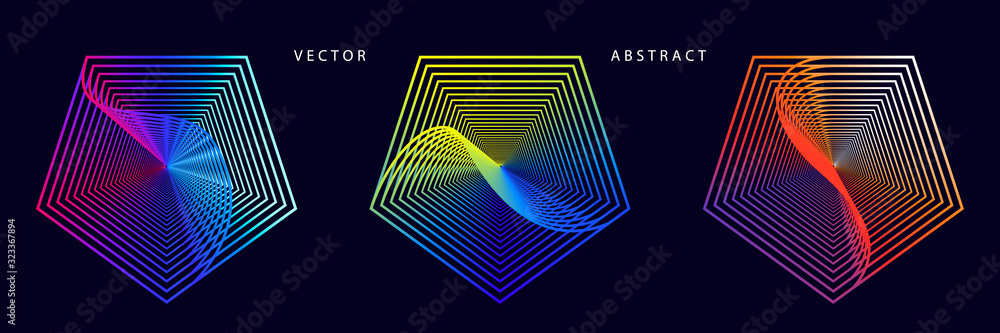 Wall mural set of colorful pentagonal graphic elements on dark background. abstract optical illusion vector sym