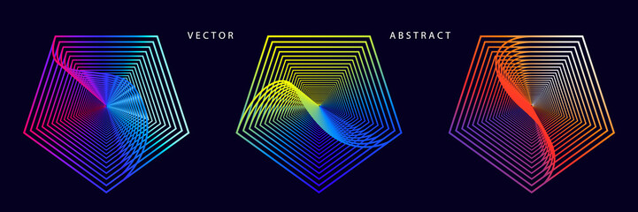 Set of Colorful Pentagonal Graphic Elements on Dark Background. Abstract Optical Illusion Vector Symbols.