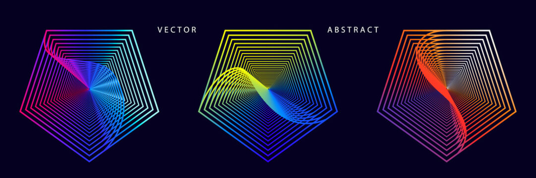 Set of Colorful Pentagonal Graphic Elements on Dark Background. Abstract Optical Illusion Vector Symbols.