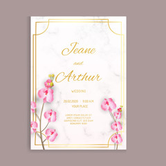 Elegant wedding invitation with watercolour flowers, green leaves design, and marble textured background. Template vector image.