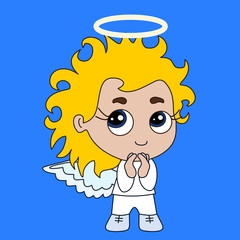 holy smiling chibi angel or curly cupid with halo above its head & wings on its back & a wide smile, simple colored emoticon,  vector emoji in color