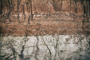 Cracked natural red rock wall with red sheer surface