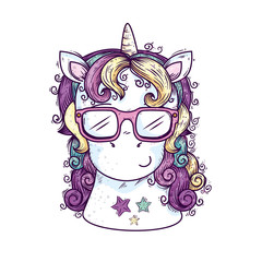 head of cute unicorn with eyeglasses and stars decoration vector illustration design