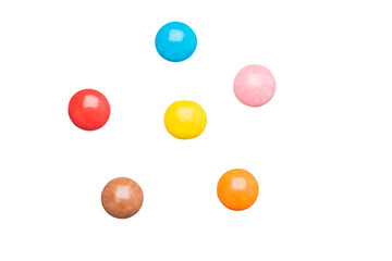 chocolate multi-colored dragees, isolated on a white background, top view