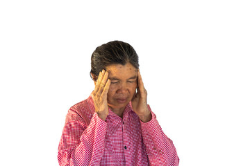 Old lady sitting in a headache. Women wearing plaid shirts sitting on headache and arm pain.