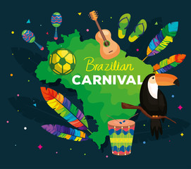 poster of brazilian carnival with map and decoration vector illustration design