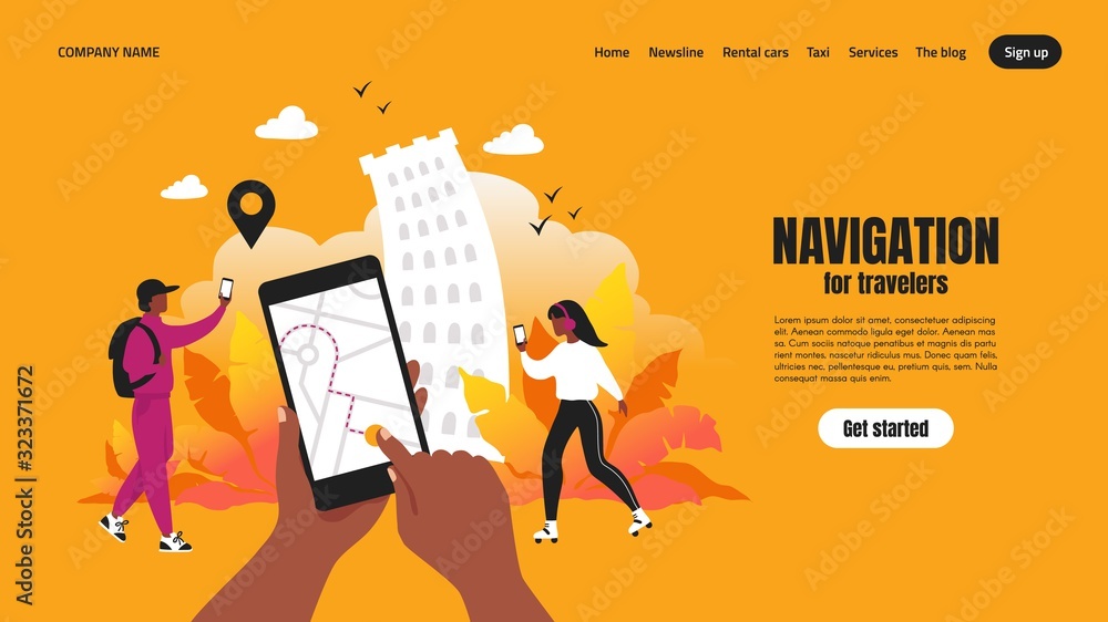 Aufkleber Travel app landing page. Smartphone application concept with map and route, web page with navigation UI. Vector template illustrations navigating for urban traveler