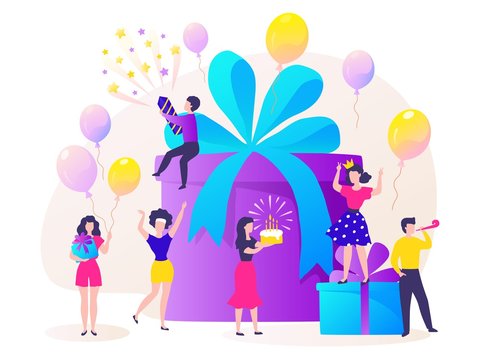 Birthday gift box. Cartoon happy characters celebrating party and dancing at birthday present. Vector concept surprise of friends have fun