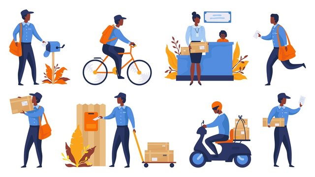 Postman. Cartoon Delivery Worker Character Shipping Parcels, Walking With Mail And Riding. Vector Express Delivery And Shipping Scenes, Mailing Package Art Person In Uniform