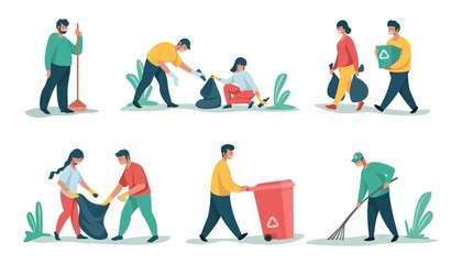 Cleaning garbage. Cartoon characters sorting and recycling waste and trash, collecting rubbish. Vector people picking up litter, nature outdoors cleaning for separation and recycled