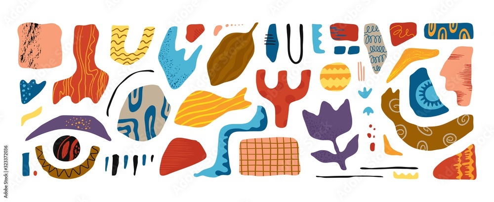 Poster Contemporary hand drawn set. Trendy cartoon graphic elements with doodle shapes, modern abstract blob objects. Vector illustrations grunge texture set for creating various decorative backgrounds