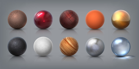 Texture spheres. 3D realistic balls of glass metal plastic rubber materials, decoration elements and templates for modeling. Vector illustration abstract designs ball shapes