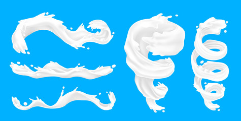 Milk splashes. Yoghurt liquid swirl streams, realistic 3D milk or cream flows with drips and splashes for dairy product package design. Vector set energy yogurt logo or symbol nature beauty