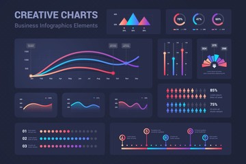 Infographic graphs. Diagrams, pie charts progress bars for business presentation, data comparison and budget report. Vector graphic analysis set for information dashboard budget, finance