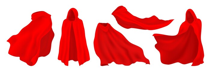 Red cape with hood. Realistic superhero cloak, vampire and illusionist silk party costume. Vector illustration red decorative clothes set on white background