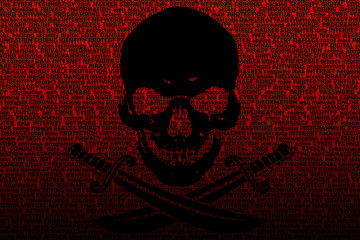 Black Jolly Roger on a bright blood-red background, consisting of terms on the topic of computer technology, computer viruses and cyber attacks.